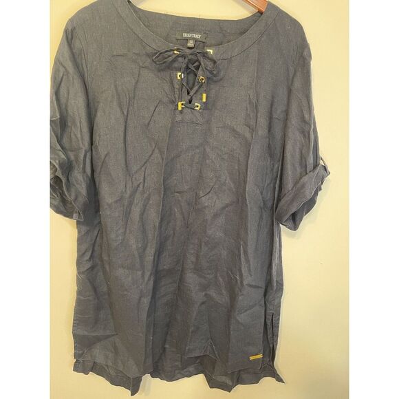 Ellen Tracy Linen‎ Dress Tunic Gold Accents Roll Tab Sleeves Lagenlook Charcoal - Picture 1 of 7